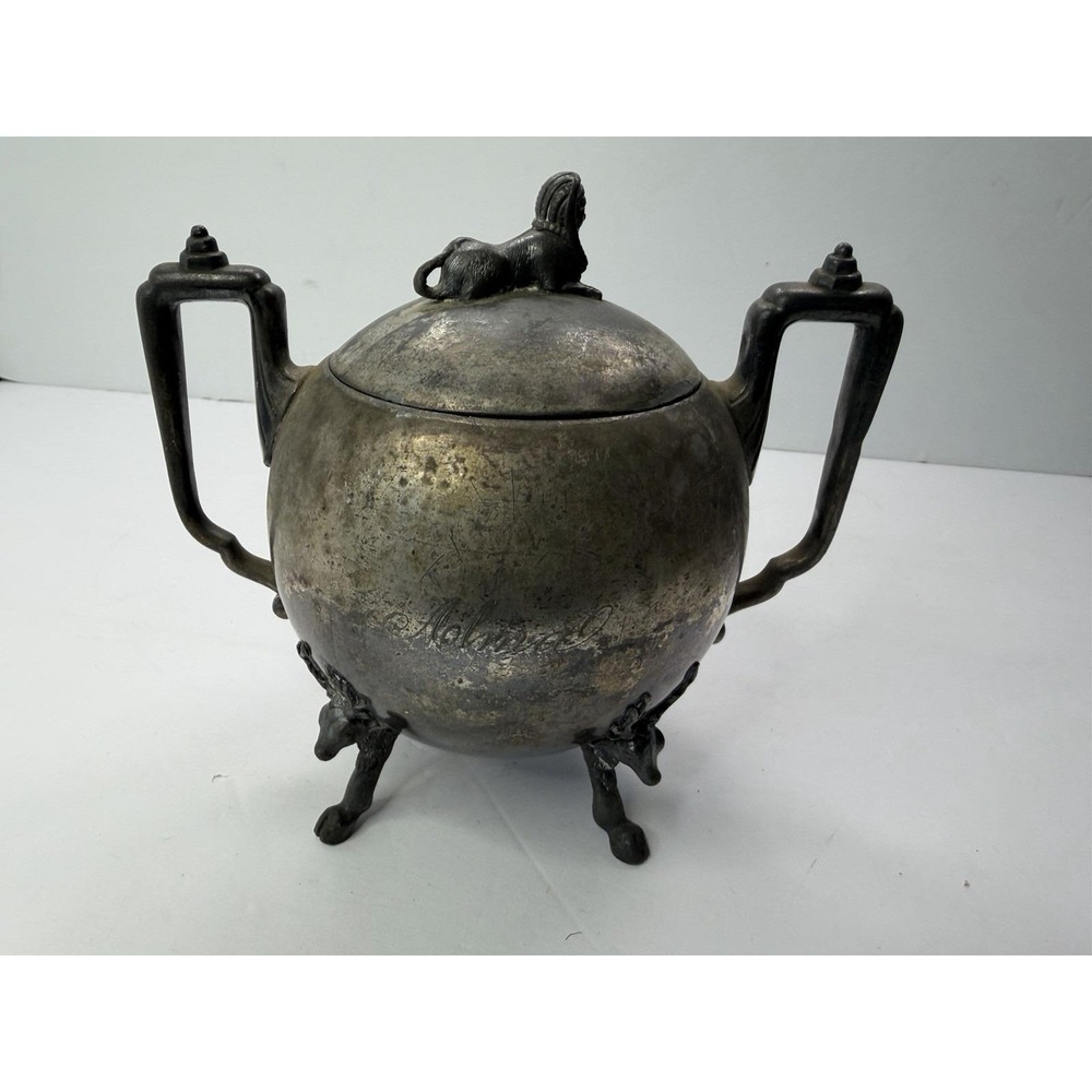 Antique Simpson Hall Miller Sphinx Deer Heads Silver Plate‎ Sugar Bowl Engraved